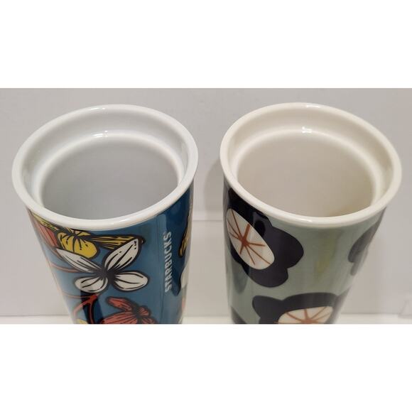 Starbucks Ceramic Tumblers 2019 Teal Poppy Flowers & Spring Black Floral Set Of - Picture 6 of 11